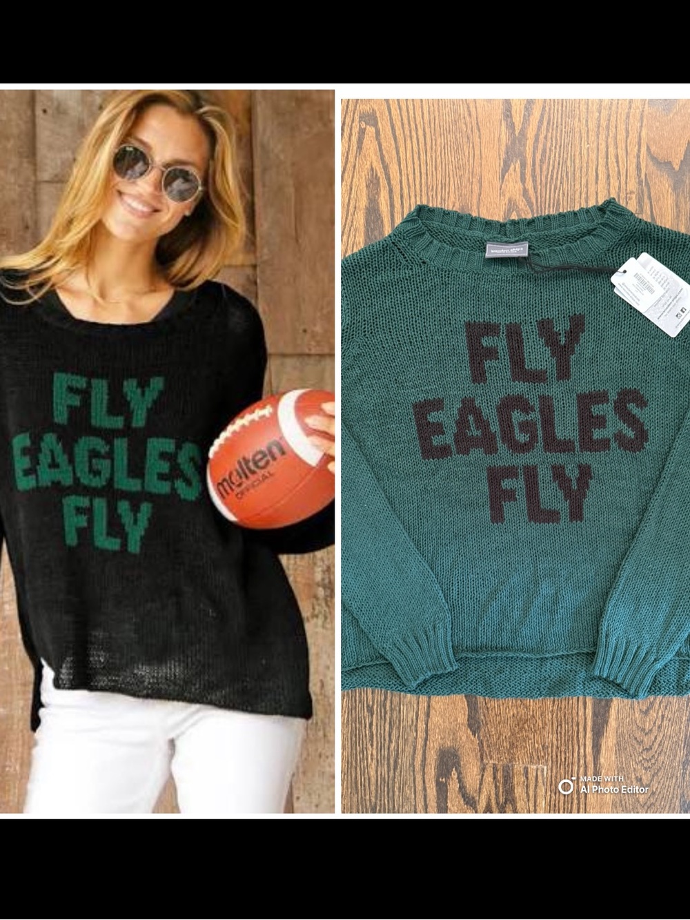 Wooden Ships Green Knit Sweater with Black “Fly Eagles Fly” Lettering